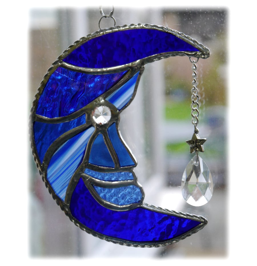 Moon Star and Moonbeam Suncatcher Stained Glass Blue 
