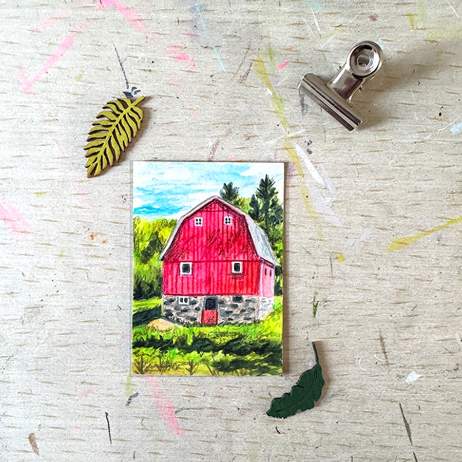 Original ACEO Red Barn Miniature painting - One of a kind