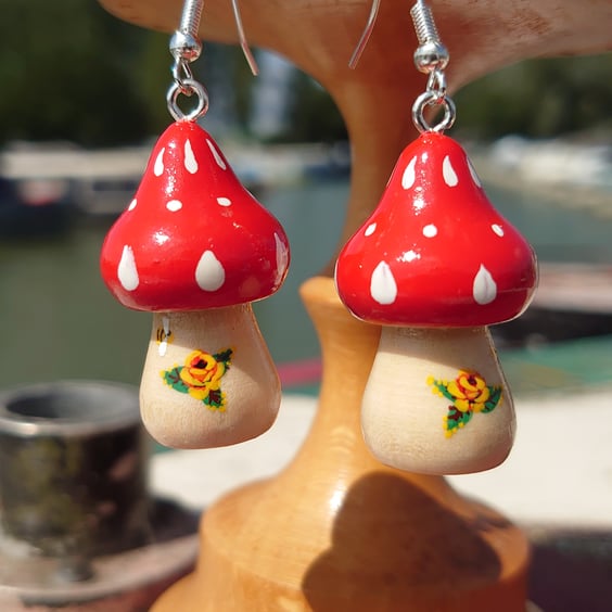 Toadstool Earrings with Folk Art Roses 
