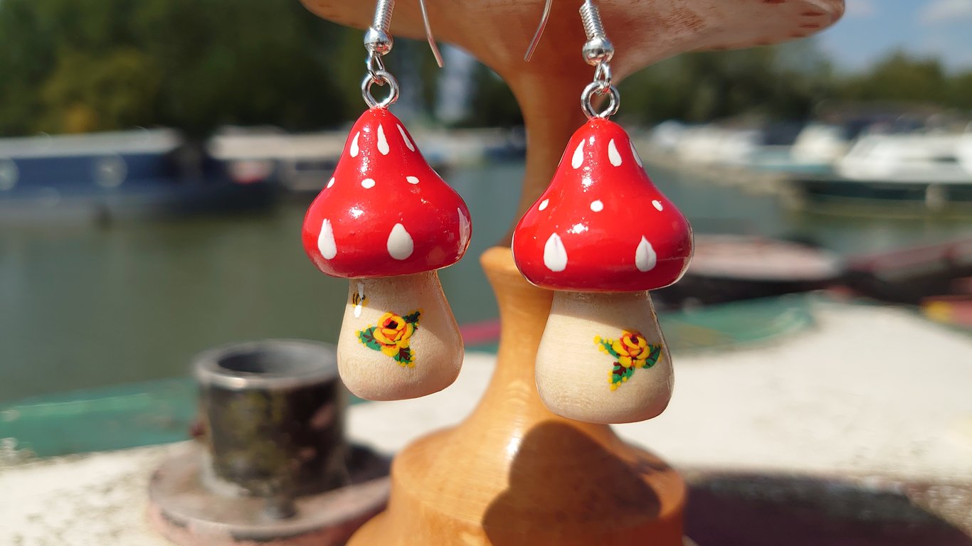 Toadstool Earrings with Folk Art Roses 