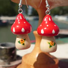 Toadstool Earrings with Folk Art Roses 