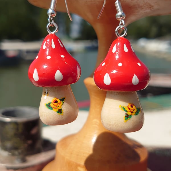 Toadstool Earrings with Folk Art Roses 