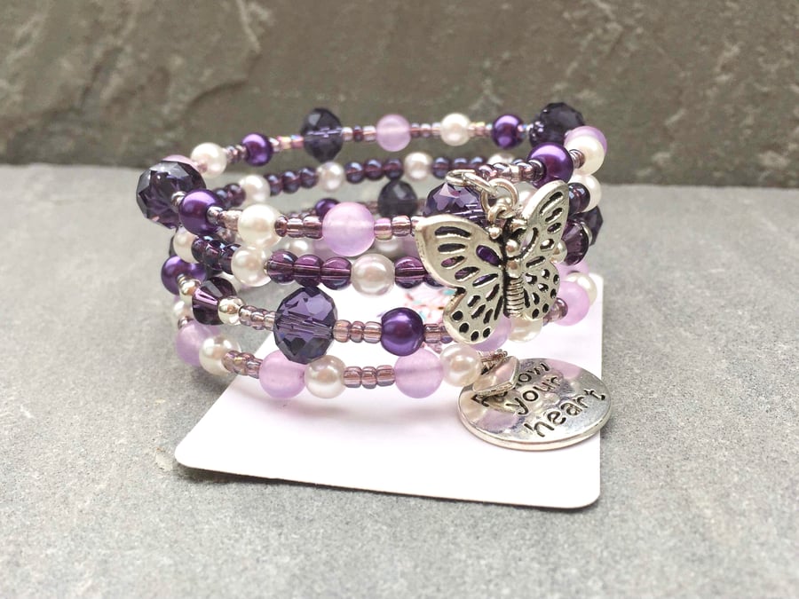 Purple Glass Beaded Memory Wire Wrap Around Charm Bracelet Bangle