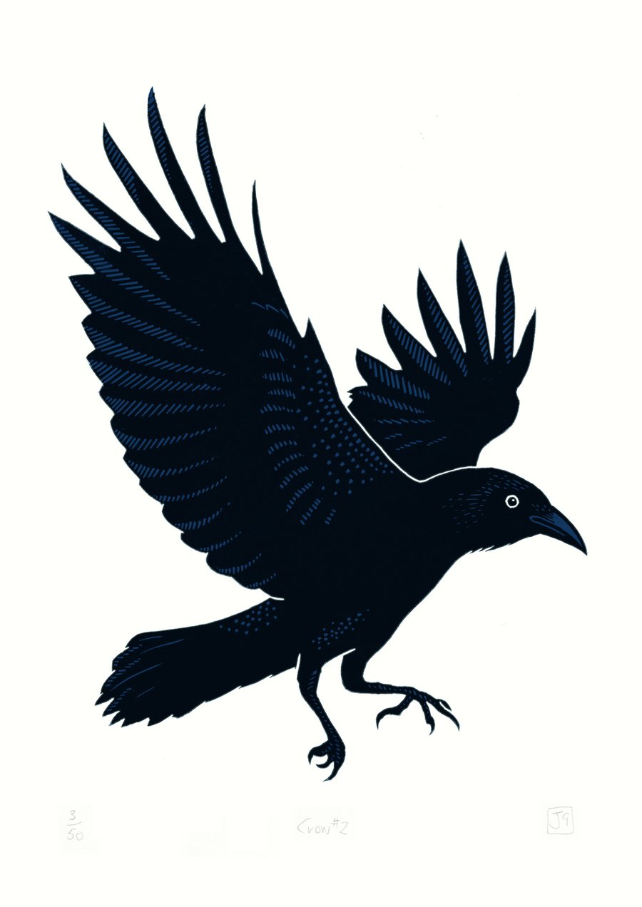 Crow No.2 A3 two-colour linocut screen-print
