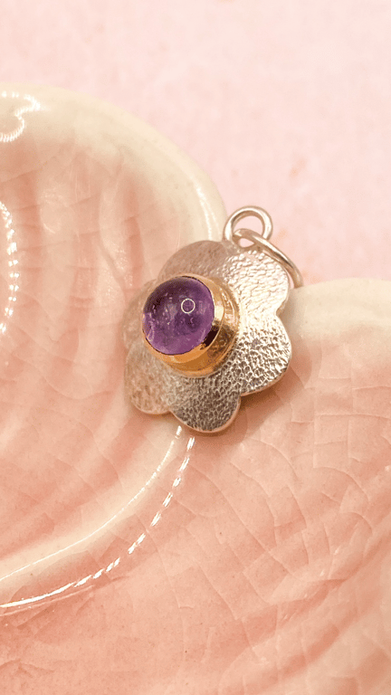 Amethyst Silver & Gold Pendant Handmade 