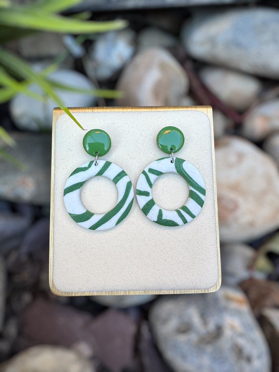 White and Green Circle Earrings