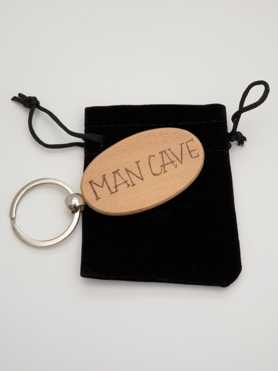 Man Cave handburnt wooden keyring