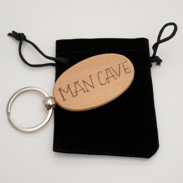 Man Cave handburnt wooden keyring