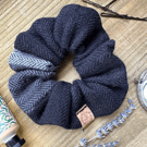 Scrunchie in Black & Grey Herringbone Hand Dyed & Woven British Wool Hair Bobble