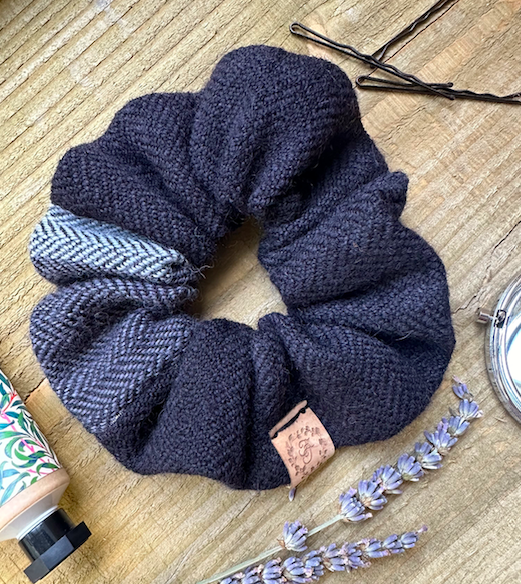 Scrunchie in Black & Grey Herringbone Hand Dyed & Woven British Wool Hair Bobble