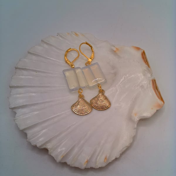  Milky White Rectangular Earrings with a Gold Plated Clam Shell, Gift for Her