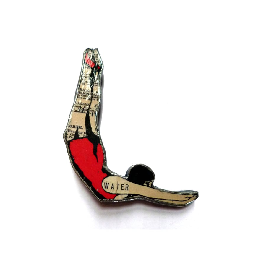 Whimsical red Swimmer Diver Brooch by EllyMental
