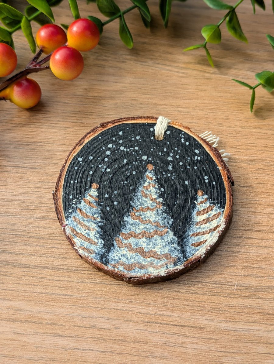 Double Sided Hand Painted Wood Slice Ornaments, Bronze Winter Trees