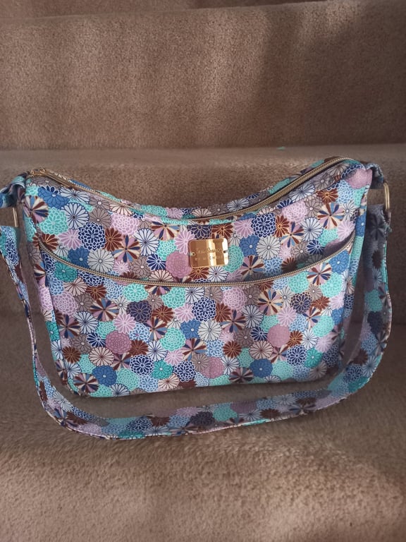 Teal, pink and gold metallic floral fabric handbag