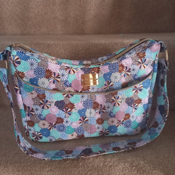 Teal, pink and gold metallic floral fabric handbag