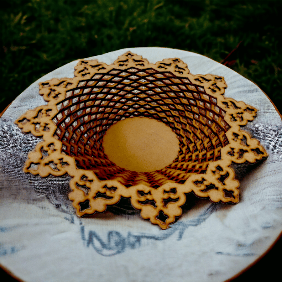 Exquisite wooden dish adorned with precise laser cut lattice work patterns