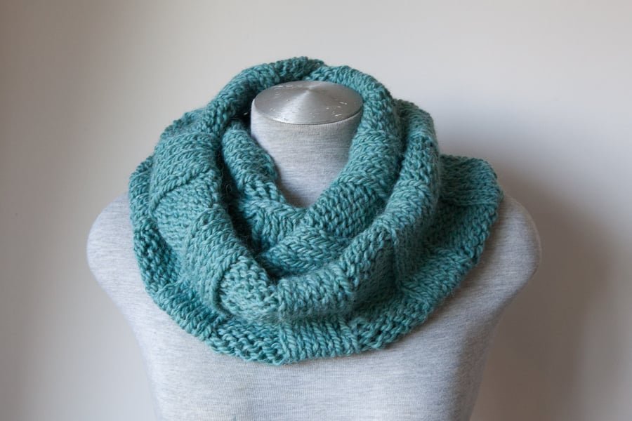 Hand knitted sea green alpaca scarf. Infinity, Cowl, Circle scarf.  Super soft!