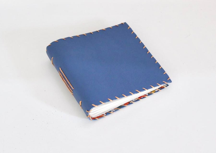 Small Blue Handmade Leather notebook Floral Fabric Lining recycled Paper