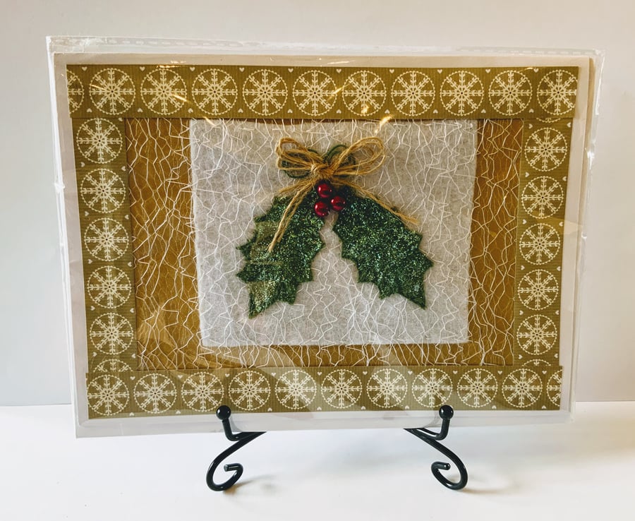 Holly Textile Christmas Card.