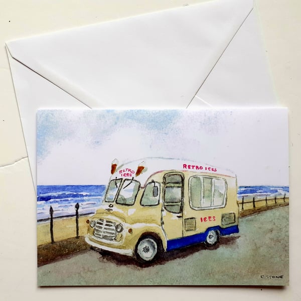 Blank greetings card A5 classic Commer ice cream van from original watercolour