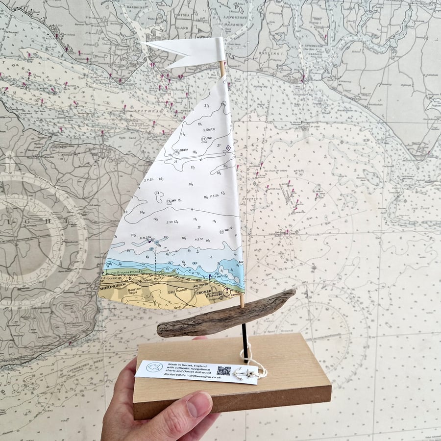 Norfolk - Cromer, Sheringham driftwood sailboat, repurposed nautical map sail