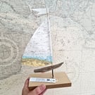 Norfolk - Cromer, Sheringham driftwood sailboat, repurposed nautical map sail