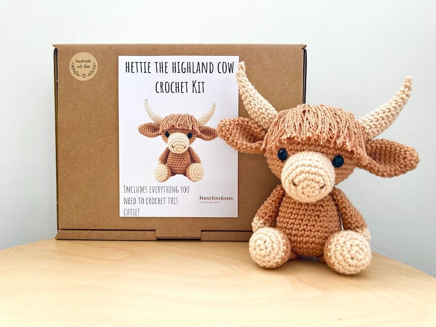 Crochet kit for a cute amigurumi animal toy - Hettie the Highland Cow - DIY kit