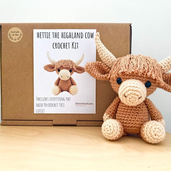 Crochet kit for a cute amigurumi animal toy - Hettie the Highland Cow - DIY kit