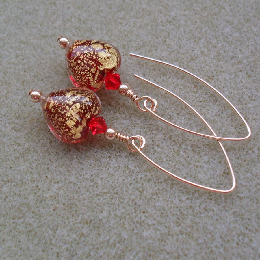 Red Venetian Murano Glass Gold Filled Heart Earrings