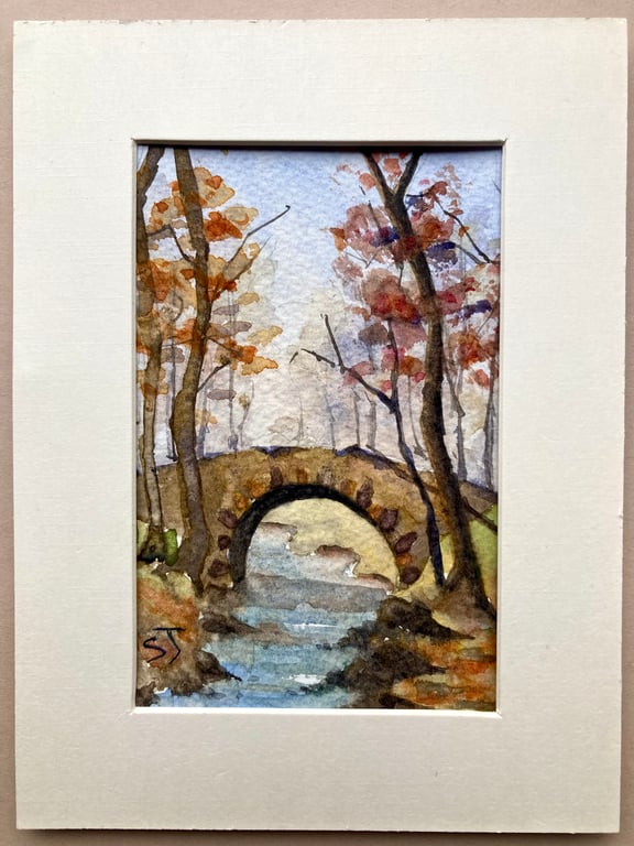 Small art watercolour of woodland bridge original fine art