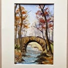 Small art watercolour of woodland bridge original fine art