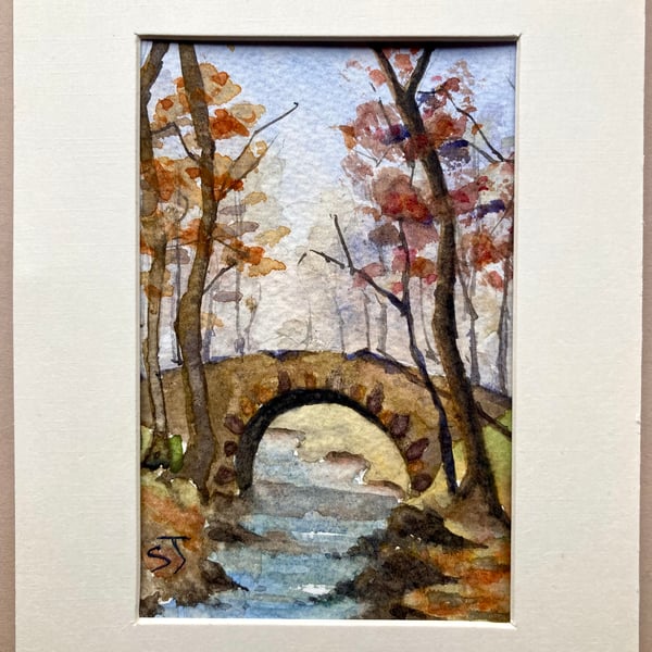 Small art watercolour of woodland bridge original fine art