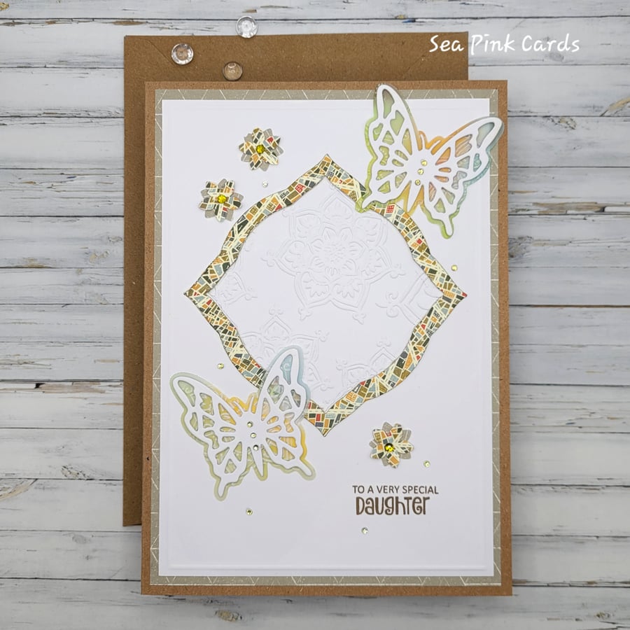 Daughter Birthday Card - cards, embossed, mandala, butterfly, nature colours