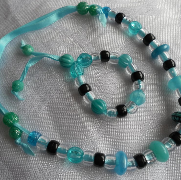 Turquoise and black Beads on Ribbon, Necklace a... - Folksy