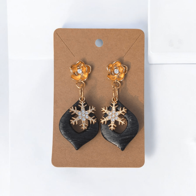 Textured Black Spade with gold & crystal snowflake handmade polymer clay Earring