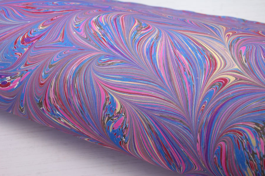 Waved gelgit a2 marbled paper pattern in pink red and blue