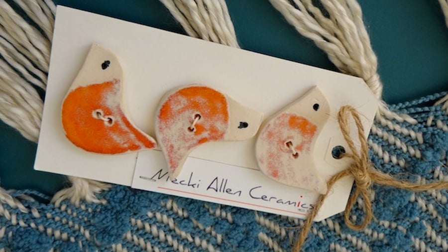 Ceramic Bird Buttons in Orange and Cream - Handmade Pottery