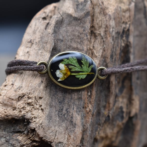 Adjustable Resin Bracelet with Pressed Leaf and Flower Bud, Waxed Cotton Cord
