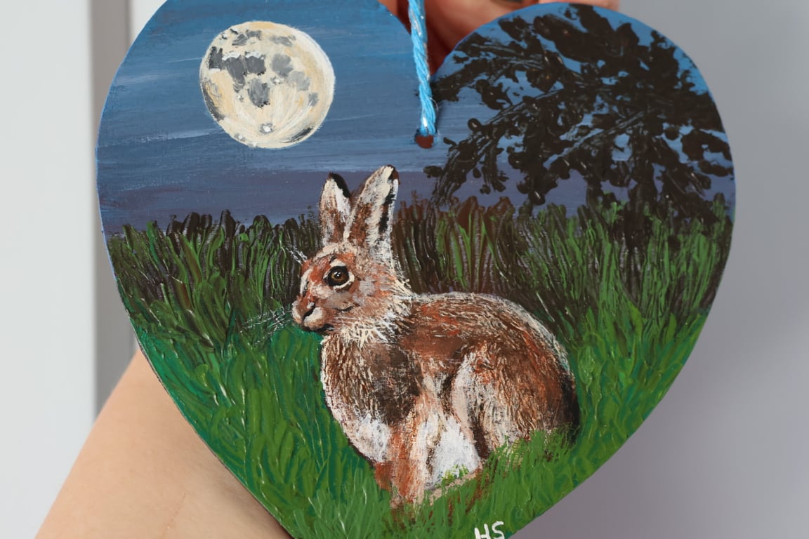 Irish Hare Painted in Acrylics on Wooden Heart