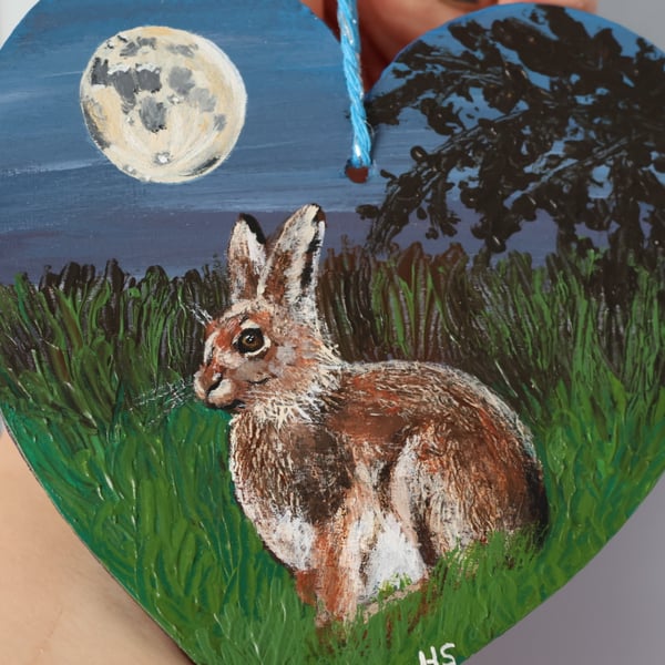 Irish Hare Painted in Acrylics on Wooden Heart
