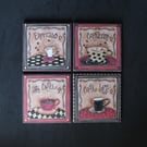 Handcrafted, decoupage, set of four coffee themed coasters