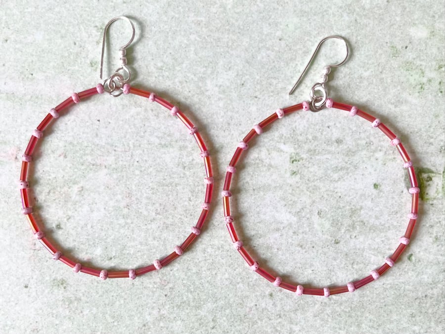 Large Pink & Red Seed Bead Hoop Earrings - Silver