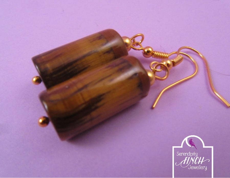 Brown Tigers Eye Tube Dangle Earrings