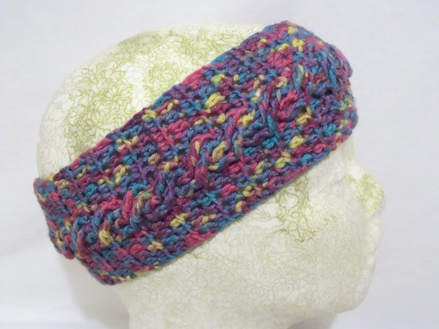 lilac crocheted cable headband, crochet yoga ear warmers