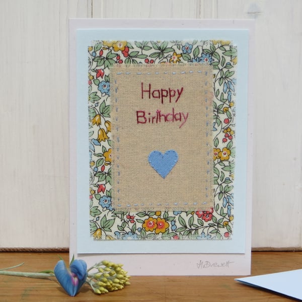 Hand-stitched card with Liberty fabric and applique heart