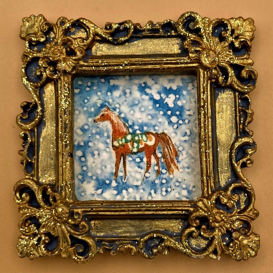 Swedish Pony, Tiny PRINT in a sparkling frame, gift or decoration
