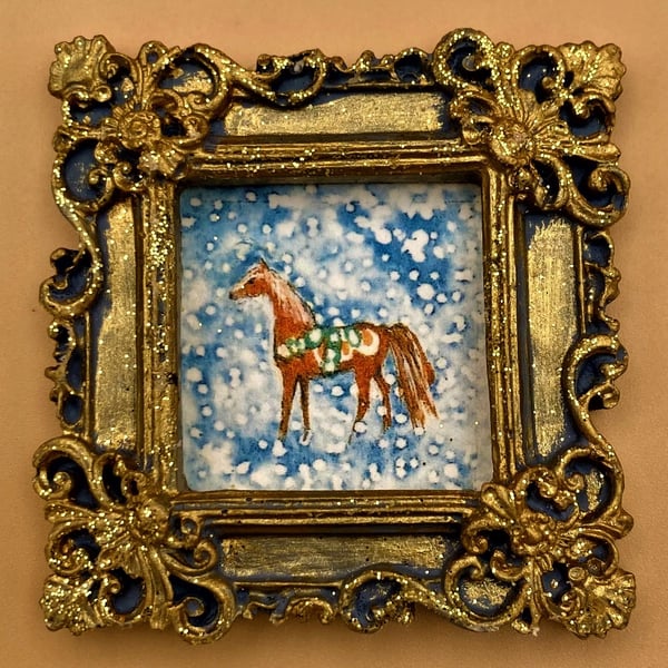 Christmas Pony, Tiny PRINT in a sparkling frame, gift or decoration