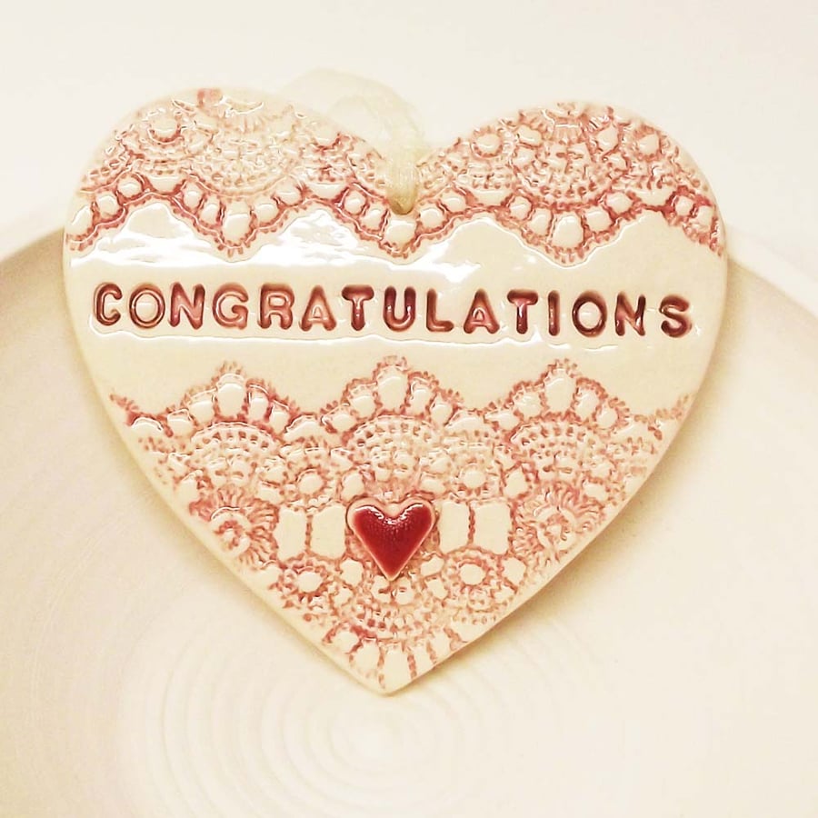 Sale Pink ceramic heart decoration Congratulations Pottery