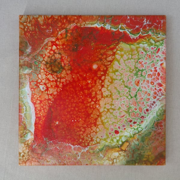 Acrylic Pour Art Canvas, Wall Art - Orange, Green & White Colour Scheme
