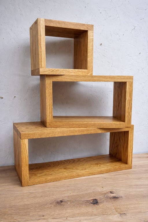 Solid Oak Cube Shelves Set - Modern Floating Wall Storage (Set of 3)